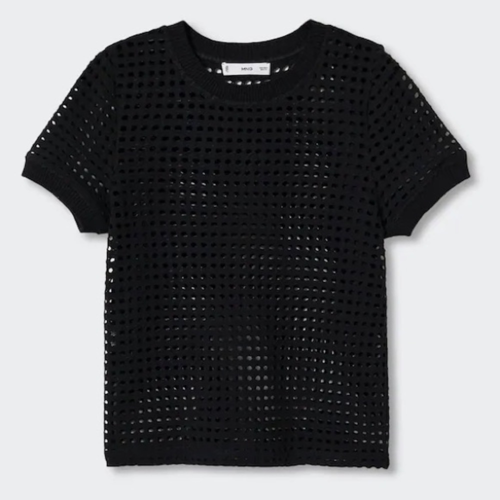 NWT Mango Openwork Cotton-Blend Black Top